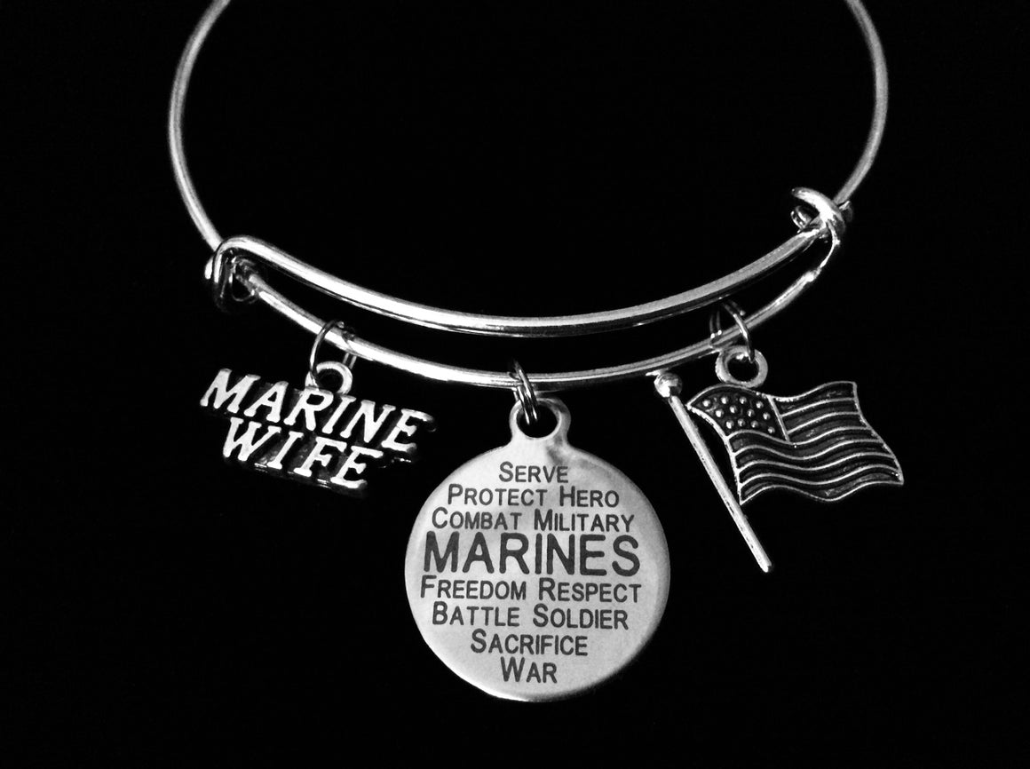 Marine Wife Charm Bracelet Expandable Adjustable Bangle USA Flag Military One Size Fits All Gift Patriotic