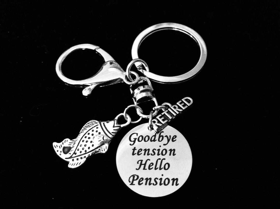 Retirement Gift Goodbye Tension Hello Pension Key FOB KeyChain Retirement Gift Silver Keyring Happy Retirement Double Sided Fish
