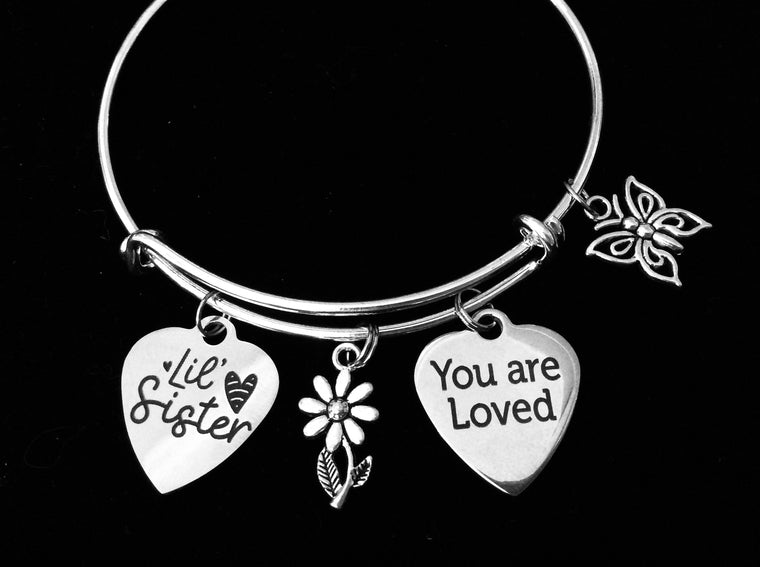 Lil Sister You are Loved Little Sister Jewelry Expandable Silver Charm Bracelet Adjustable Bangle One Size Fits All Gift Daisy Butterfly