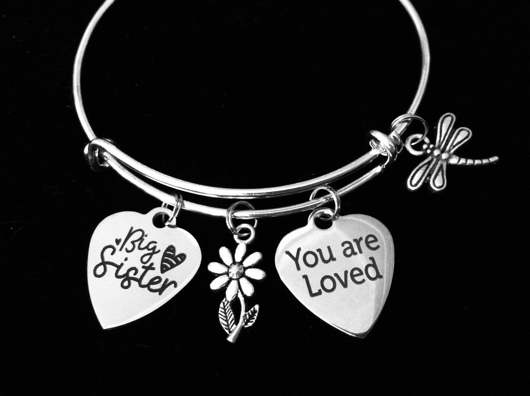 Big Sister Charm Bracelet Adjustable Bangle One Size Fits All Gift Daisy Dragonfly