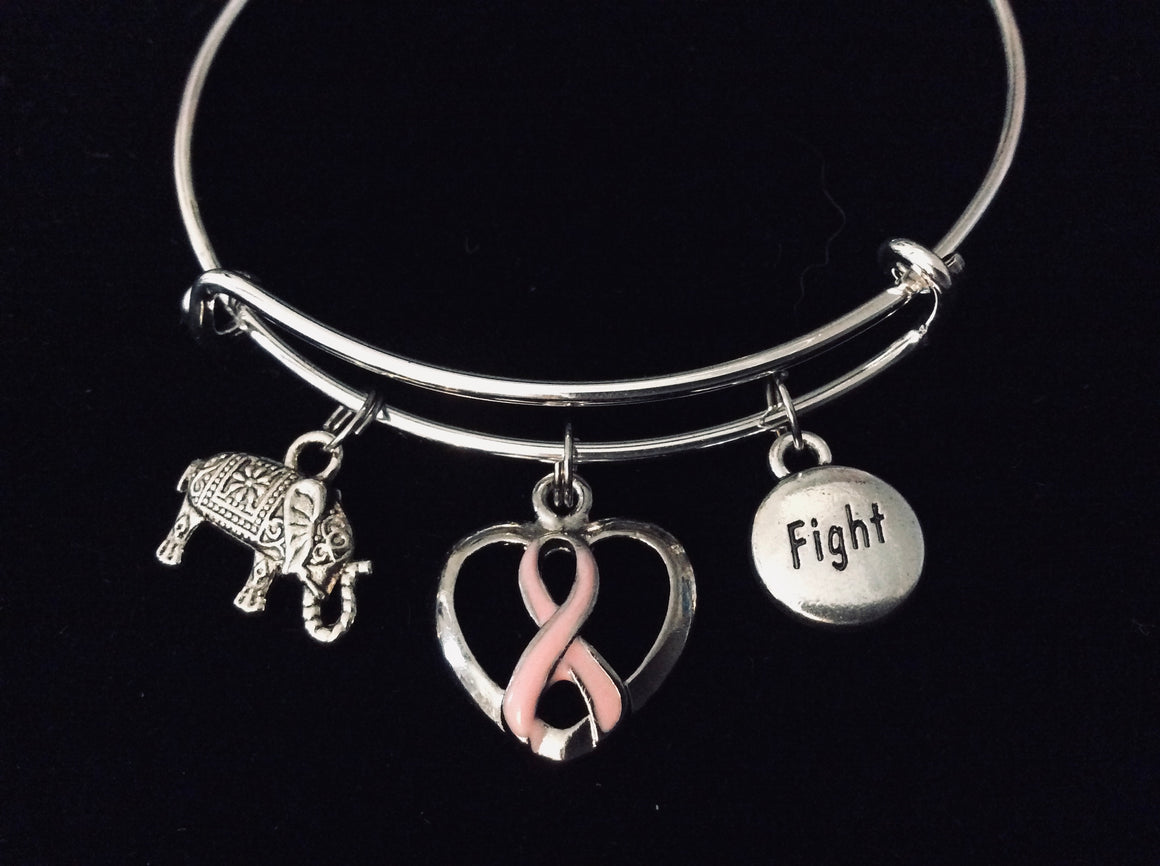 Pink Awareness Breast Cancer Expandable Charm Bracelet Fighter Strength Elephant Silver Adjustable Bangle One Size Fits All Gift