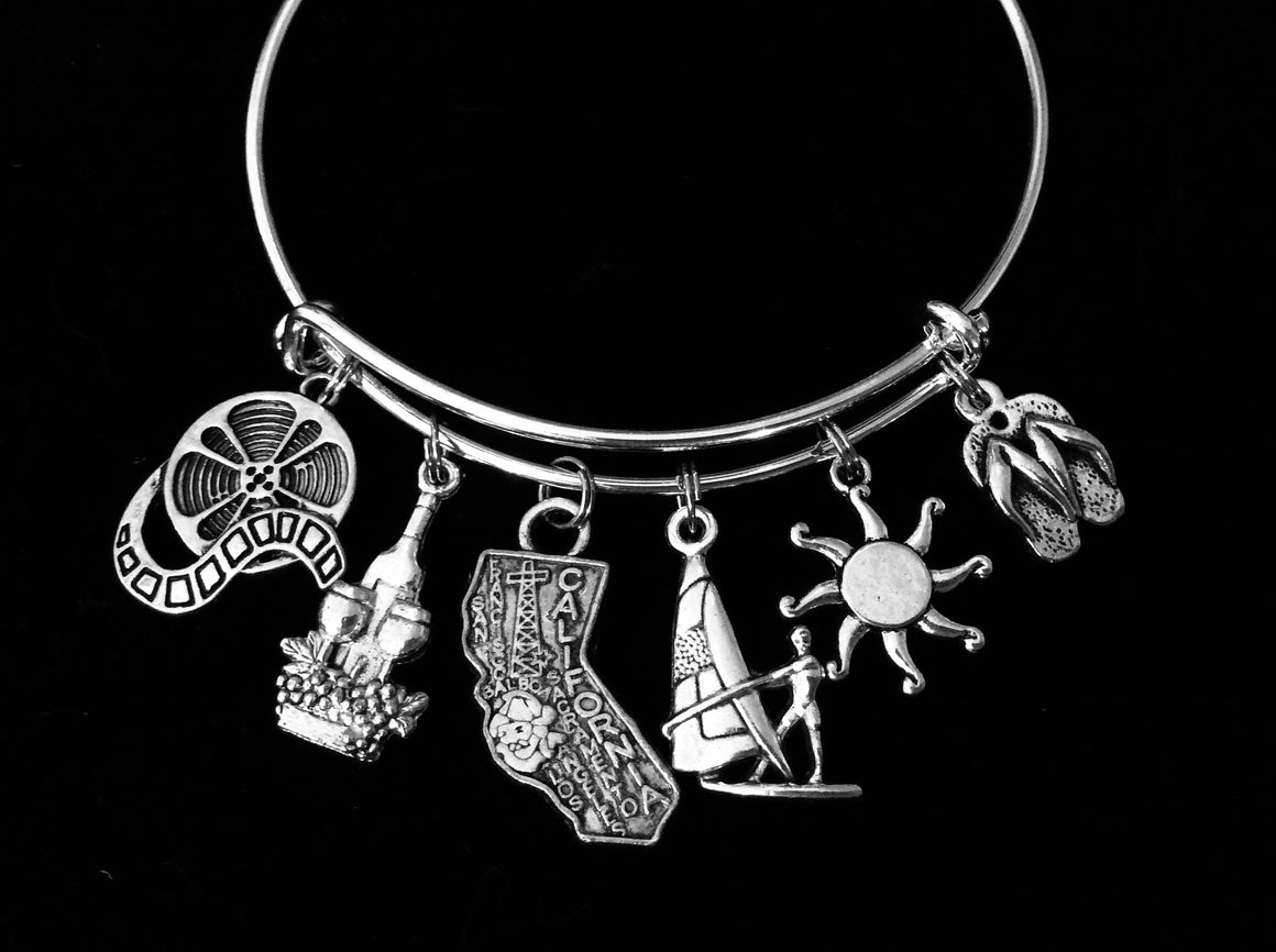 California Charm Bracelet Jewelry Adjustable Silver Expandable Wire Bangle One Size Fits All Gift Trendy Surfing Hollywood Movie Wine Country Beach State Jewelry