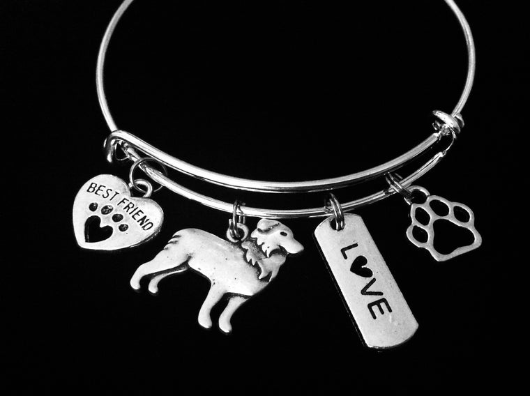 Border Collie Expandable Charm Bracelet Silver Adjustable Wire Bangle Gift Best Friend Paw Print Pet Animal Lover Jewelry One Size Fits All Gift