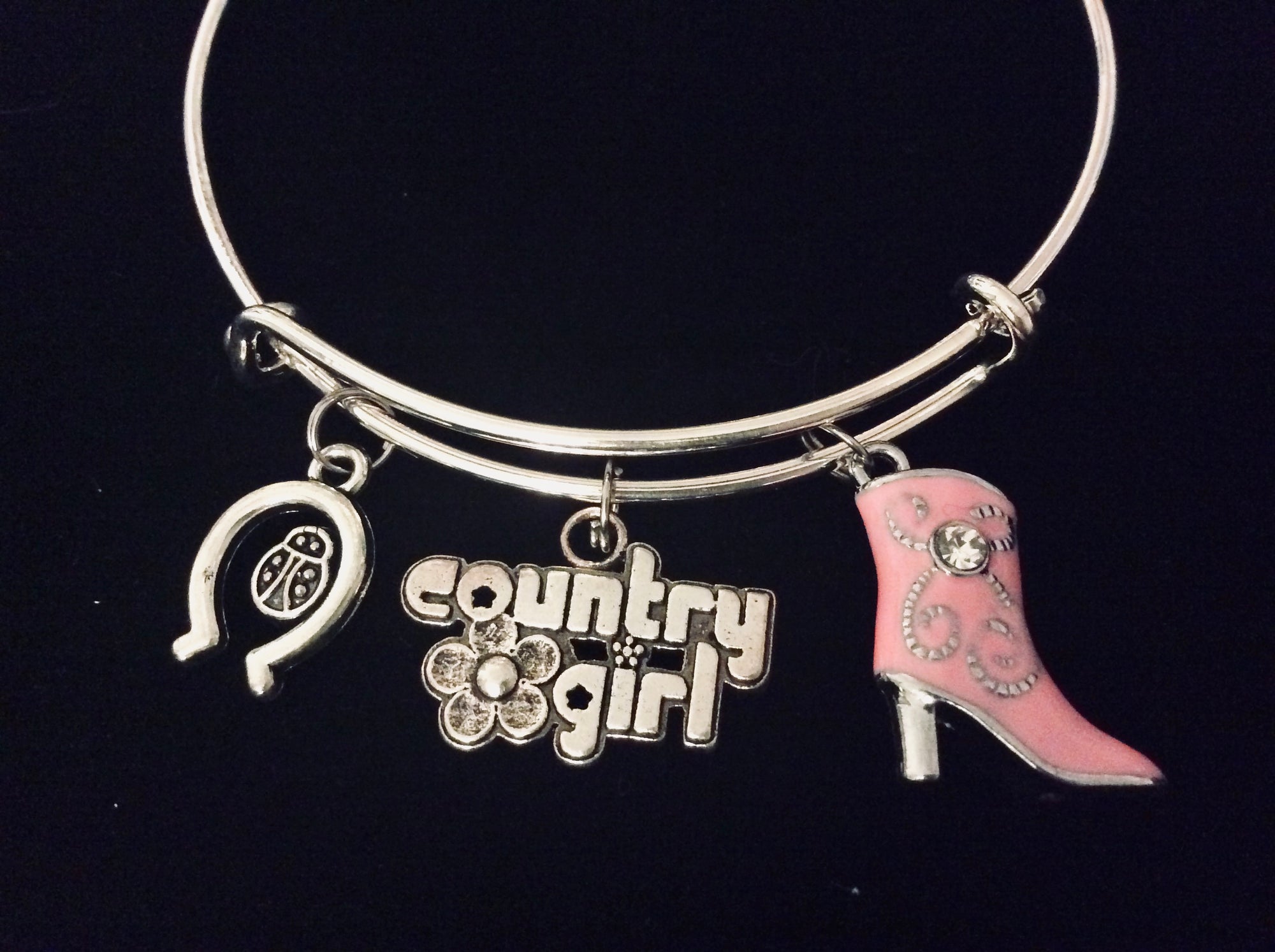 Country Girl Charm Bracelet Pink Cowboy Boot Adjustable Expandable Silver Bangle Horseshoe Ladybug One Size Fits All Gift