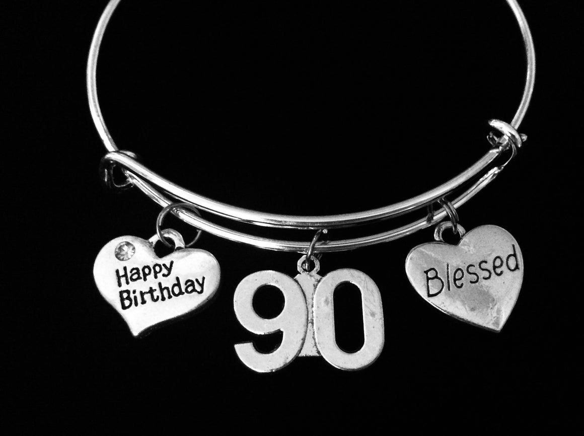 Blessed Happy 90th Birthday Expandable Charm Bracelet Adjustable Silver Bangle One Size Fits All Gift 90 Ninety