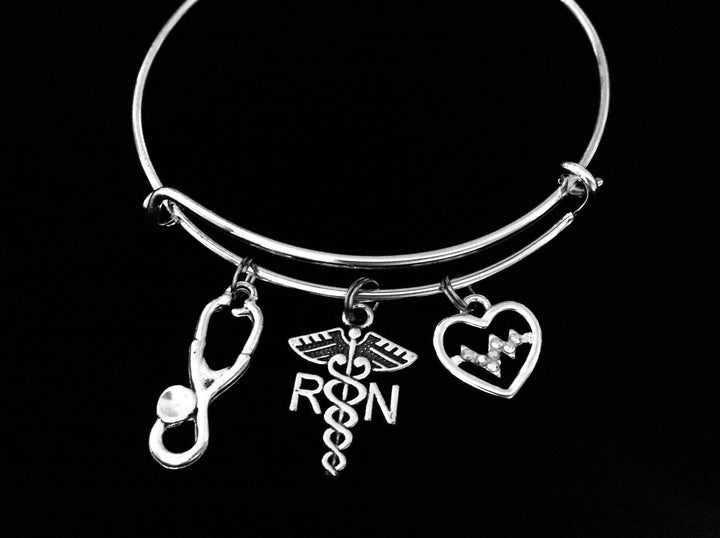 RN Jewelry Registered Nurse Charm Bracelet Adjustable Expandable Silver Bangle Stethoscope EKG Heartbeat One Size Fits All