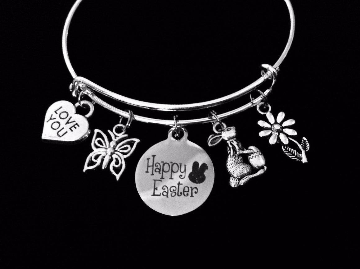 Happy Easter Charm Bracelet Silver Adjustable Expandable Bangle Gift Butterfly Daisy Easter Bunny Love You 