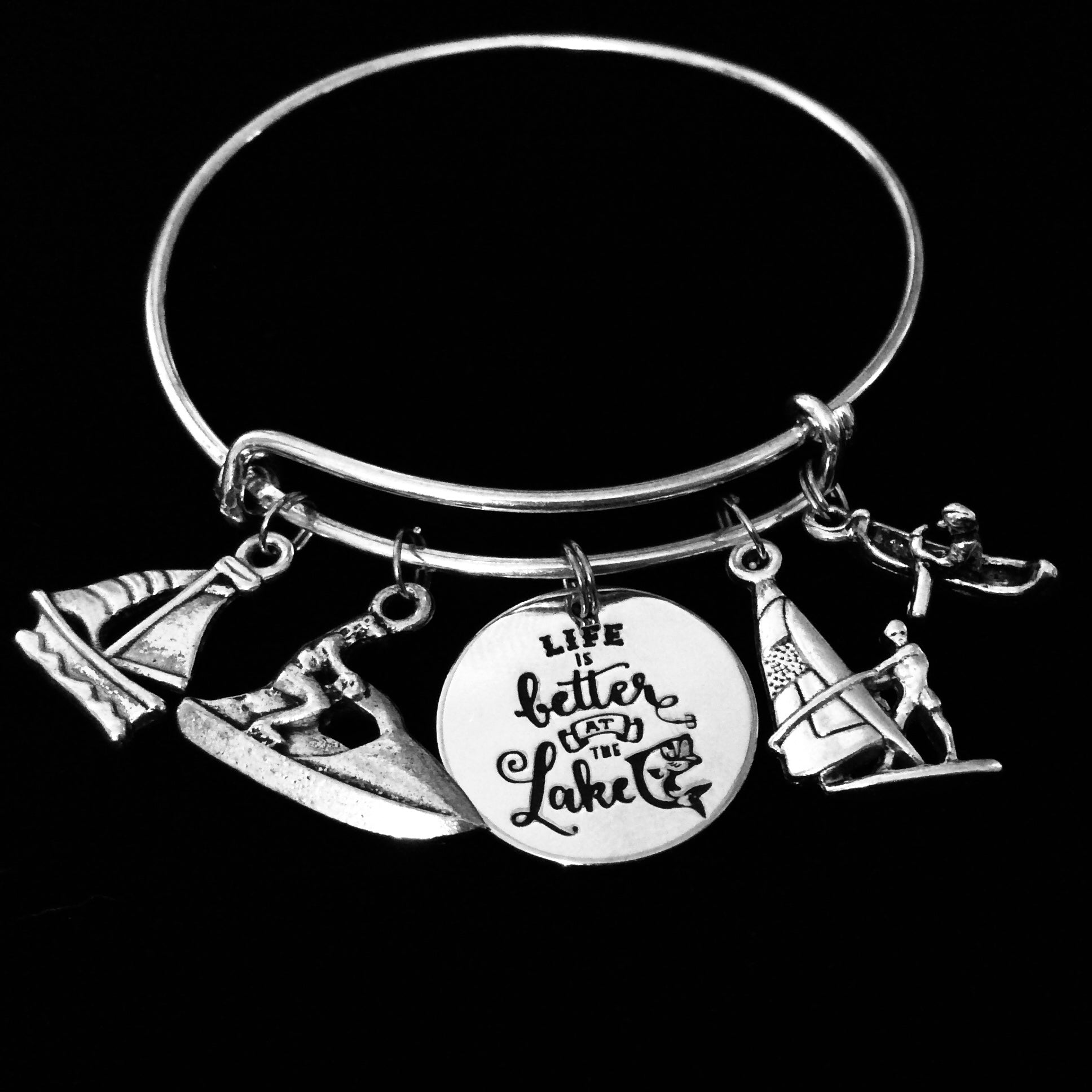 Expandable silver charm bracelet with “Life is Better at the Lake” charm and boating-themed icons including kayak, jet ski, and canoe