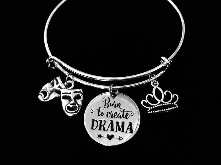 Born to Create Drama Expandable Charm Bracelet Comedy Tragedy Mask Silver Adjustable Bangle Drama Club Gift Theater Crown