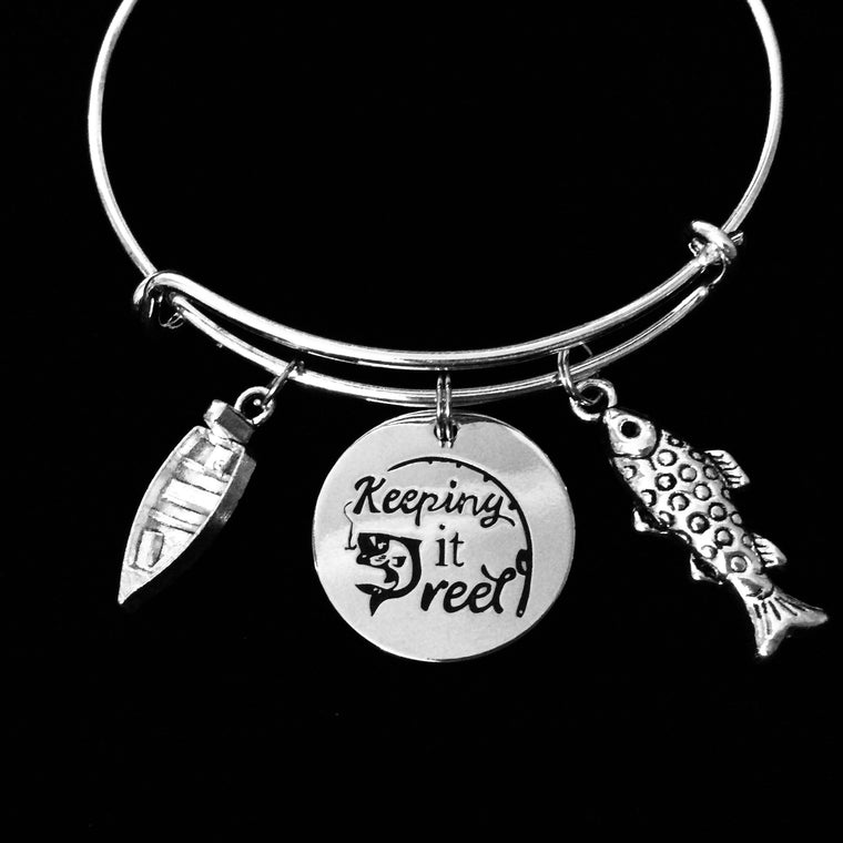 Keeping it Reel Fishing Expandable Charm Bracelet Silver Adjustable Bangle One Size Fits All Gift Fishing Boat Fishing Rod FIsh