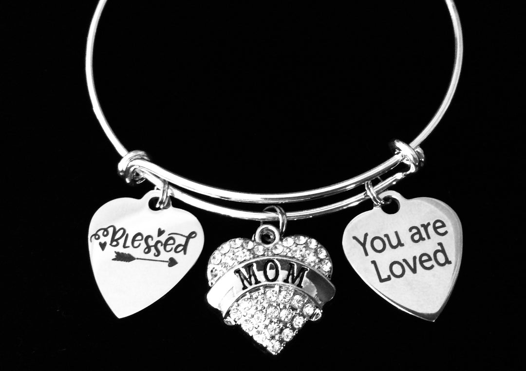 Silver expandable charm bracelet with “You Are Loved,” “Blessed,” and crystal heart charms for Mom