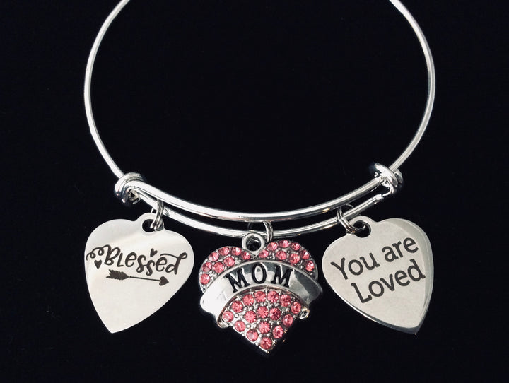 Pink  and Silver expandable charm bracelet with “You Are Loved,” “Blessed,” and crystal heart charms for Mom