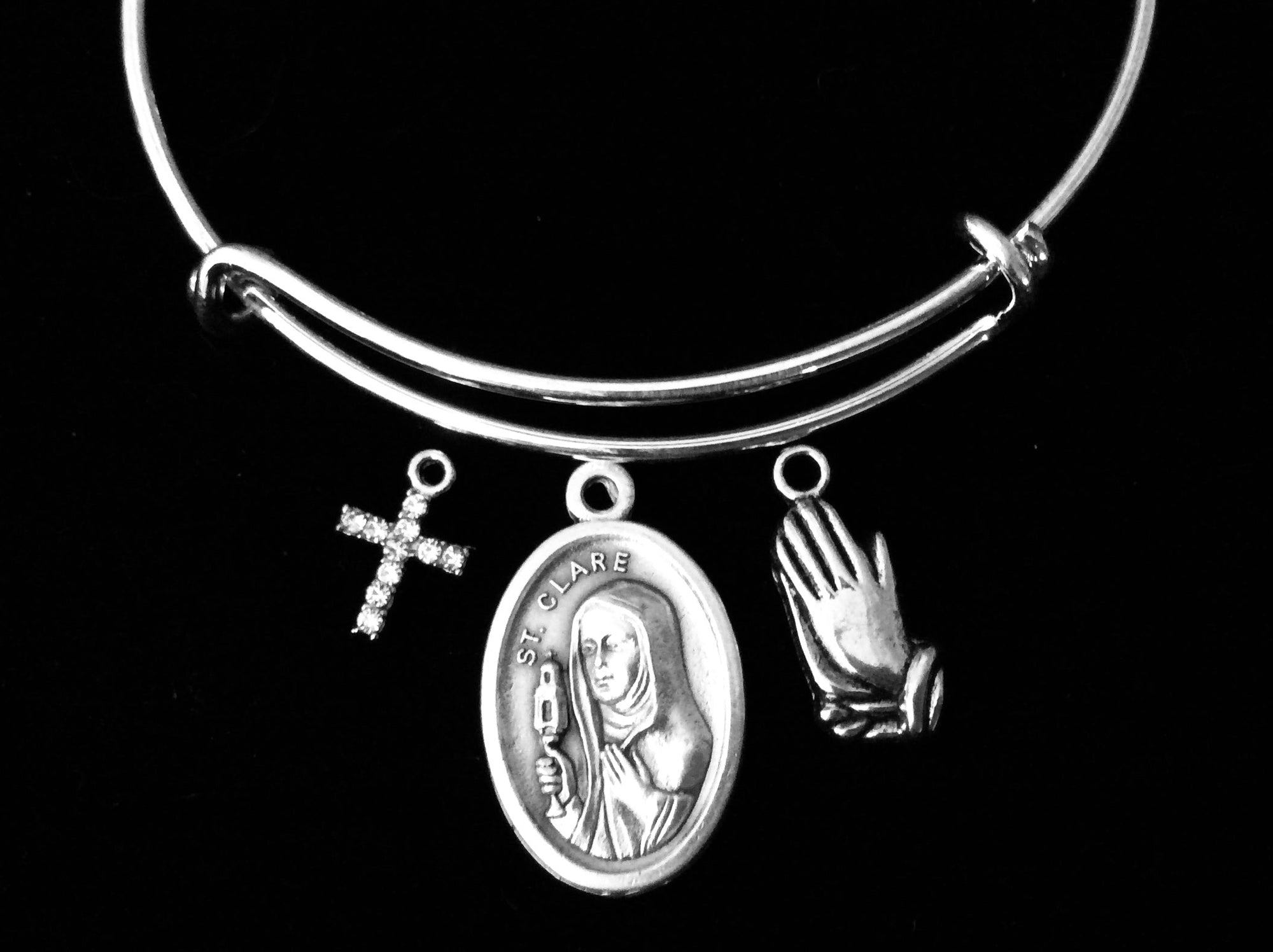 Saint Clare Jewelry Expandable Charm Bracelet Praying Hands Silver Adjustable Bangle Medal Catholic One Size Fits All Gift Crystal Cross