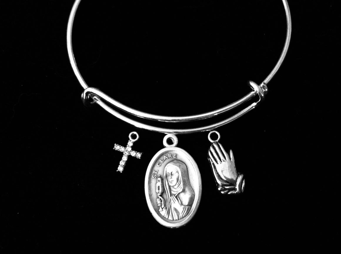 Saint Clare Jewelry Expandable Charm Bracelet Praying Hands Silver Adjustable Bangle Medal Catholic One Size Fits All Gift Crystal Cross
