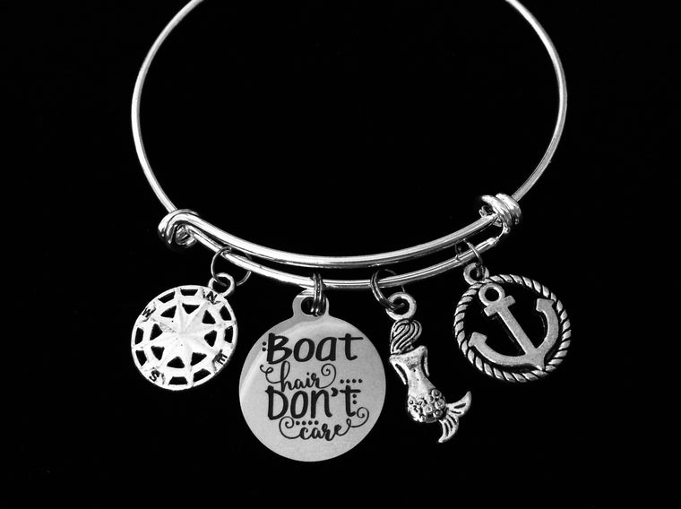 Boat Hair Don't Care Nautical Jewelry Expandable Charm Bracelet Boating Anchor Mermaid Compass Rose Silver Adjustable Bangle One Size Fits All Gift