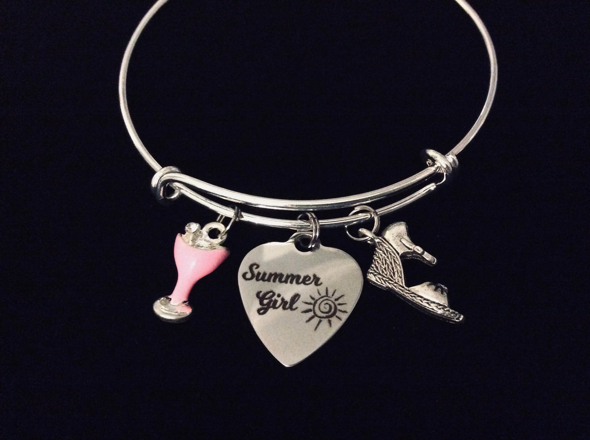 Summer Girl Jewelry Expandable Charm Bracelet Wedge Sandal Beach Vacation One Size Fits All Gift Pink Beverage Cocktail Drink