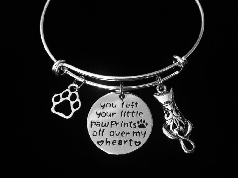 You Left Your Little Paw Prints All Over My Heart Expandable Charm Bracelet Silver Adjustable Wire Silver Bangle Meaningful Kitten Animal Lover One Size Fits All Memorial Gift 