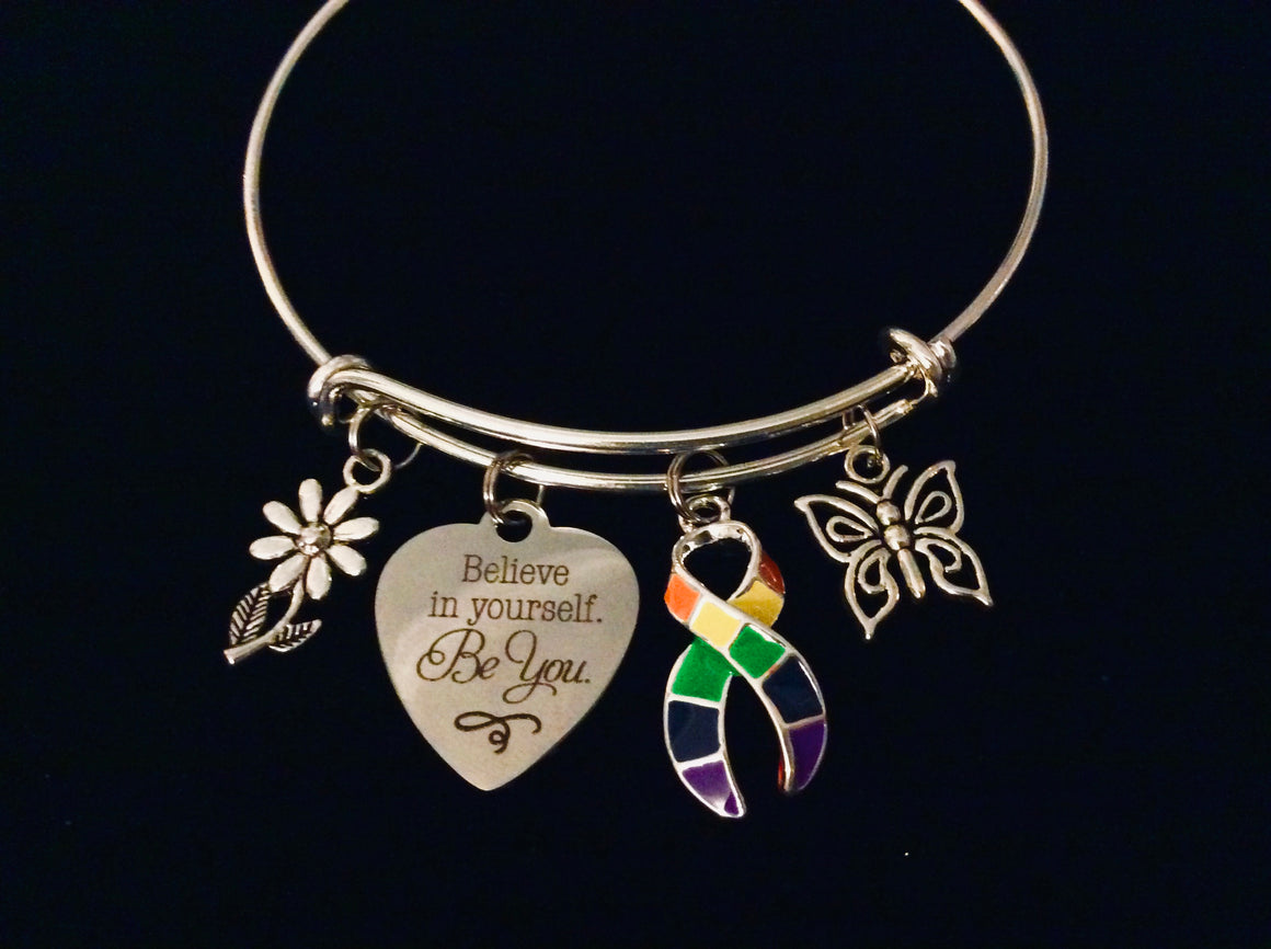 Believe in Yourself Be You Pride Awareness Jewelry Adjustable Charm Bracelet Expandable Silver Bangle One Size Fits All Gift Inspirational