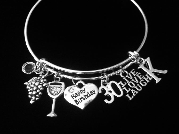 Personalized Happy 30th Birthday Charm Bracelet Live Love Laugh 30 Years Old Silver Expandable Adjustable Bangle One Size Fits All Gift 