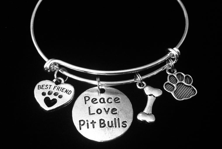 Pit Bull Best Friend Expandable Charm Bracelet Peace Love Pit Bull Dog Paw Silver Adjustable Bangle One Size Fits All Gift Pit Bull Jewelry