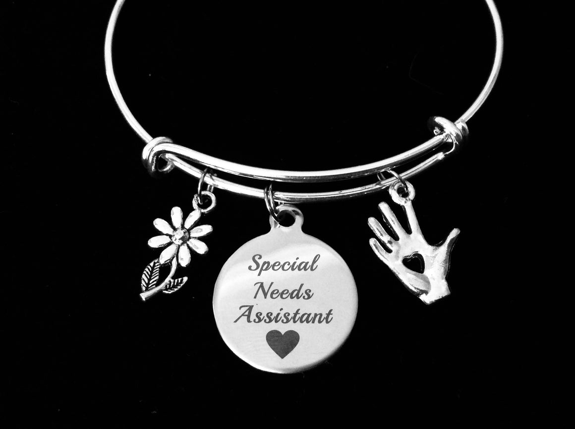 Special Needs Assistant Expandable Charm Bracelet Silver Adjustable Wire Bangle One Size Fits All Gift Helping Hand Daisy Assistant Jewelry