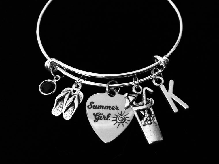 Personalized Summer Girl Expandable Charm Bracelet Silver Adjustable Wire Bangle One Size Fits All Gift Nautical Jewelry Flip Flops