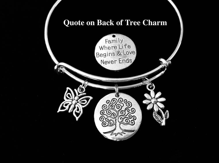 Family Tree of Life Charm Bracelet Silver Expandable Adjustable Bangle One Size Fits All Gift Mom Jewelry