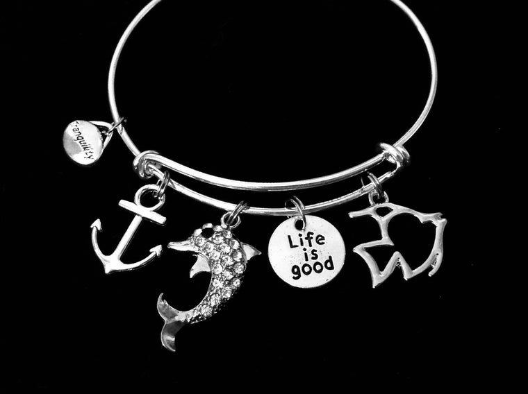 Crystal Dolphin Nautical Expandable Charm Bracelet Life is Good Silver Adjustable Wire Bangle Trendy One Size Fits All Gift Anchor Tranquility