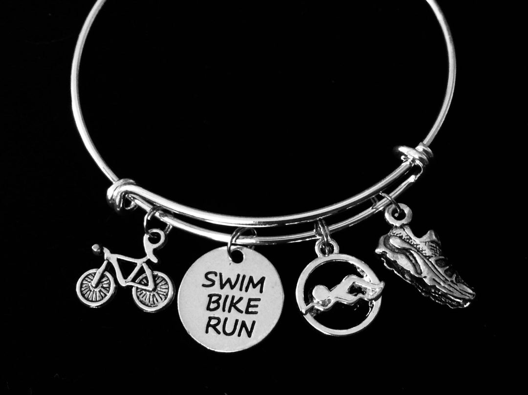 Swim Bike Run Adjustable Bracelet Triathlon Expandable Charm Bangle Tennis Shoe Goggles Athletic Sports Accomplishment Gift