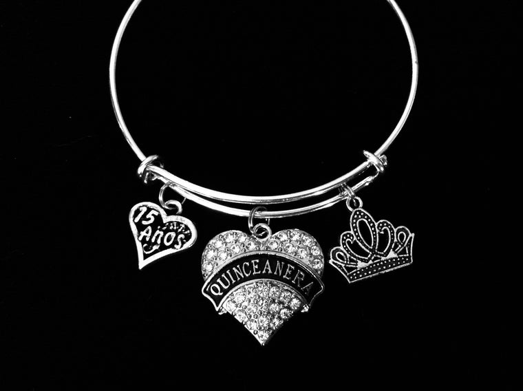 Quinceañera Jewelry 15 Anos 15th Birthday Adjustable Silver Bracelet Expandable Charm Bangle  Tiera Crown Crystal Heart One Size Fits All
