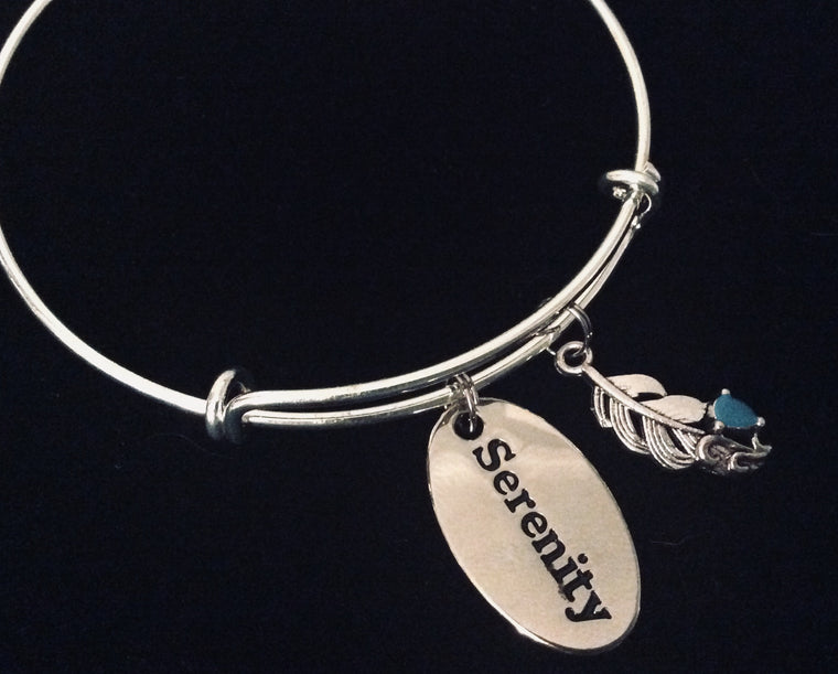 Serenity Charm Bracelet Turquoise Feather Silver Adjustable Expandable Bangle Inspirational Jewelry One Size Fits All Gift