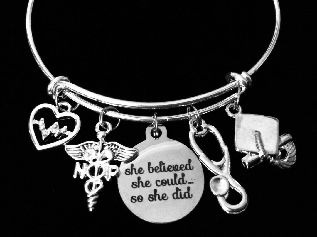 NP Graduation Charm Bracelet She Believed She Could So She Did Expandable Adjustable Silver Bangle EKG Nurse Practitioner One Size Fits All Pinning Ceremony Gift Stethoscope Heartbeat