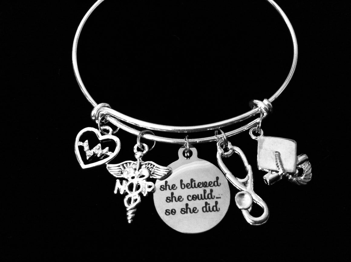 NP Graduation Charm Bracelet She Believed She Could So She Did Expandable Adjustable Silver Bangle EKG Nurse Practitioner One Size Fits All Pinning Ceremony Gift Stethoscope Heartbeat