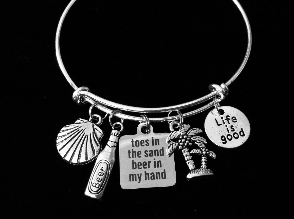 Life is Good Jewelry Toes in the Sand Beer in my Hand Expandable Charm Bracelet Silver Adjustable Bangle Ocean Nautical One Size Fits All Gift