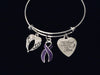 Mom Memorial Jewelry Adjustable Charm Bracelet Purple Awareness Ribbon Silver Expandable Bangle One Size Fits All Gift Angel Wings