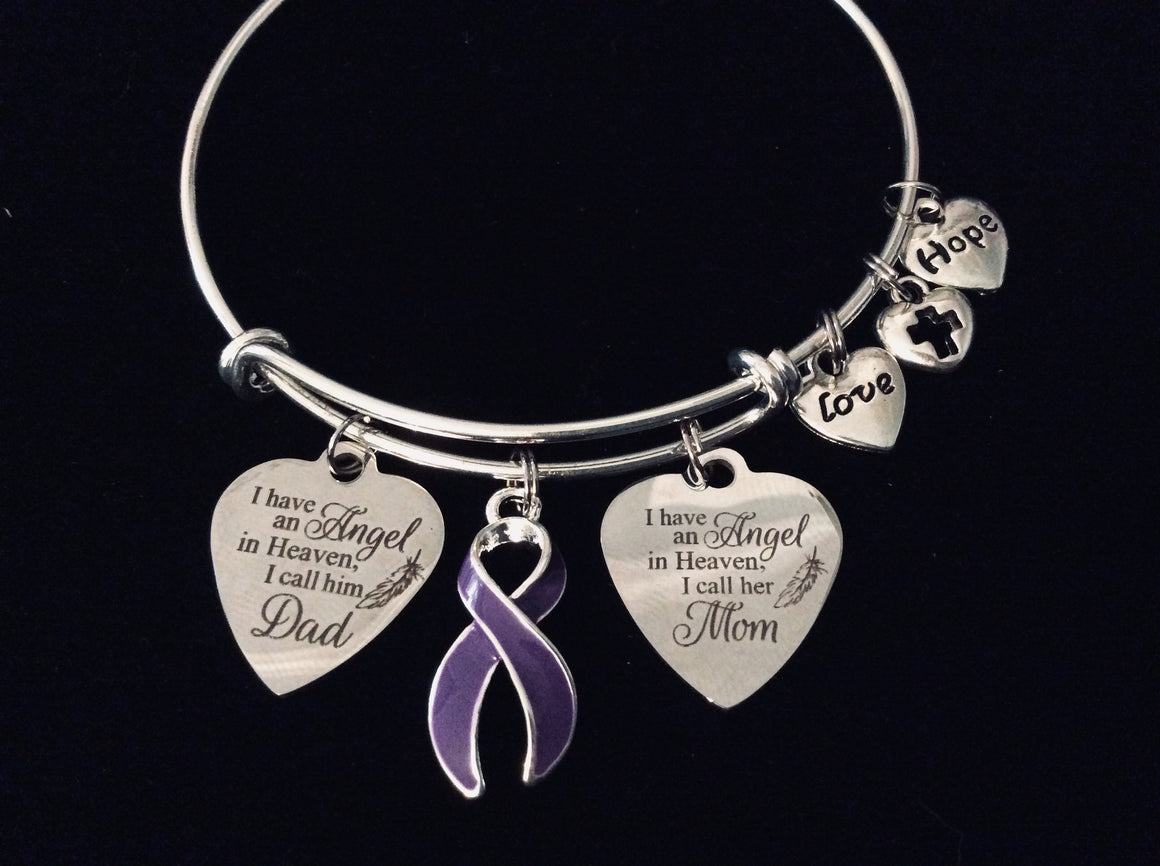 Mom and Dad Memorial Jewelry Silver Expandable Charm Bracelet Purple Awareness Ribbon Adjustable Bangle One Size Fits All Gift Love Hope