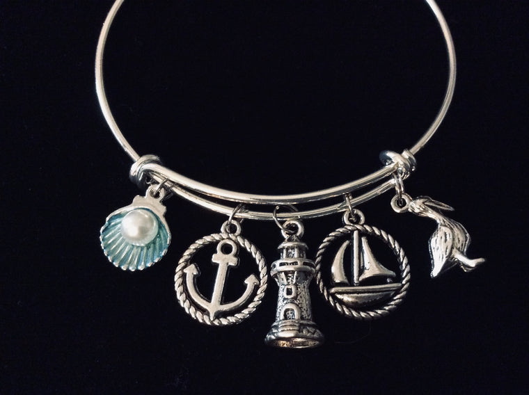 Nautical Charm Bracelet Expandable Adjustable Silver Bangle One Size Fits All Gift Pelican Lighthouse Sailboat Anchor Seashell Pearl