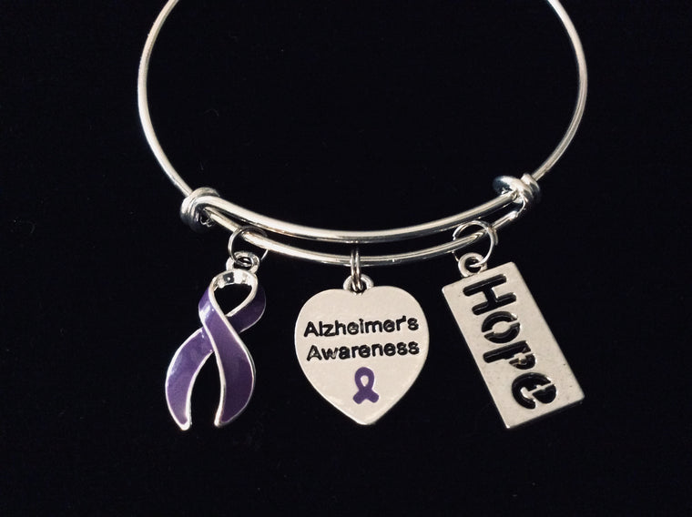 Hope Alzheimer's Awareness Charm Bracelet Purple Ribbon Expandable Adjustable Silver Wire Bangle TrendyOne Size Fits All Gift