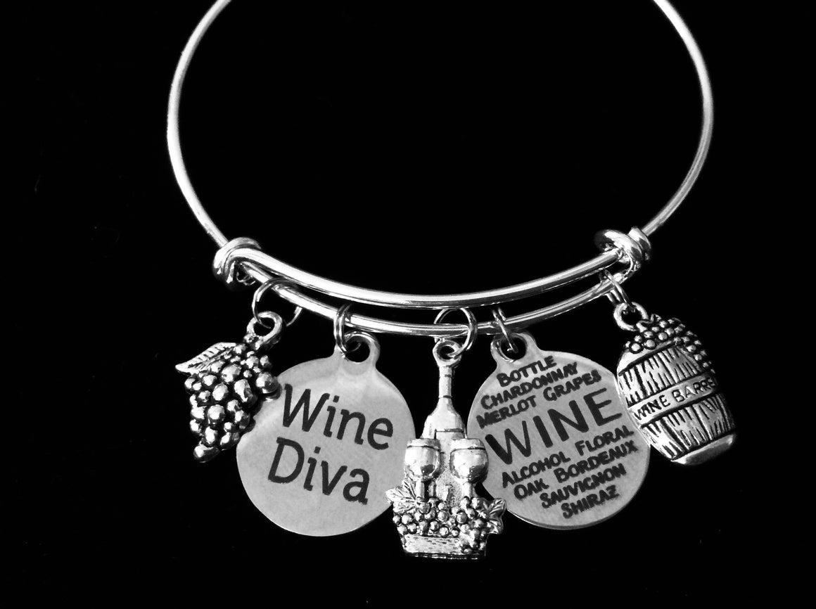Wine Diva Expandable Charm Bracelet Wine Country Trip Jewelry Silver Adjustable Bangle Wine Lover One Size Fits All Gift Wine Bottle Grapes Wine Barrel 