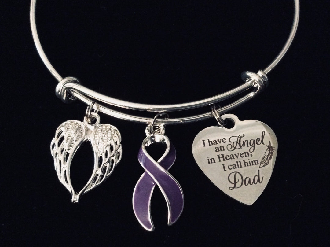 Dad Memorial Jewelry Adjustable Charm Bracelet Purple Awareness Ribbon Silver Expandable Bangle One Size Fits All Gift Angel Wings