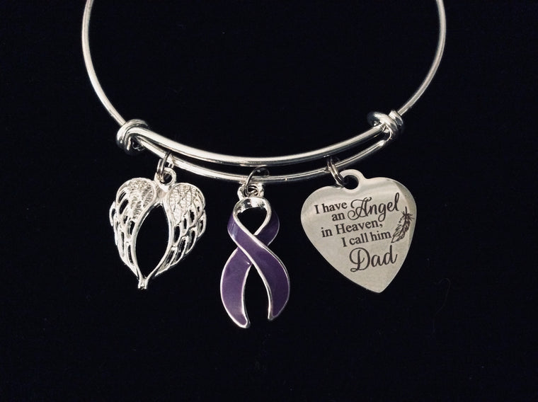 Dad Memorial Jewelry Adjustable Charm Bracelet Purple Awareness Ribbon Silver Expandable Bangle One Size Fits All Gift Angel Wings