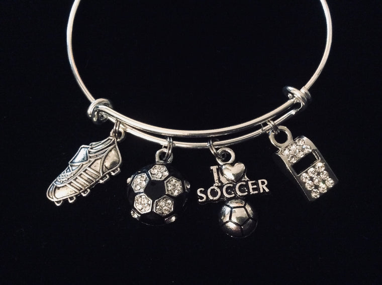 I Love Soccer Jewelry Crystal Soccer Ball Adjustable Charm Bracelet Silver Expandable Bangle One Size Fits All Gift Coach Whistle Soccer Cleat