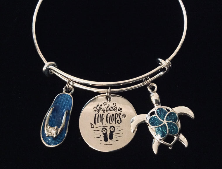 Life is Better in Flip Flops Expandable Charm Bracelet Nautical Jewelry Adjustable Silver Bangle One Size Fits All Gift Blue Flip Flop Sea Turtle 
