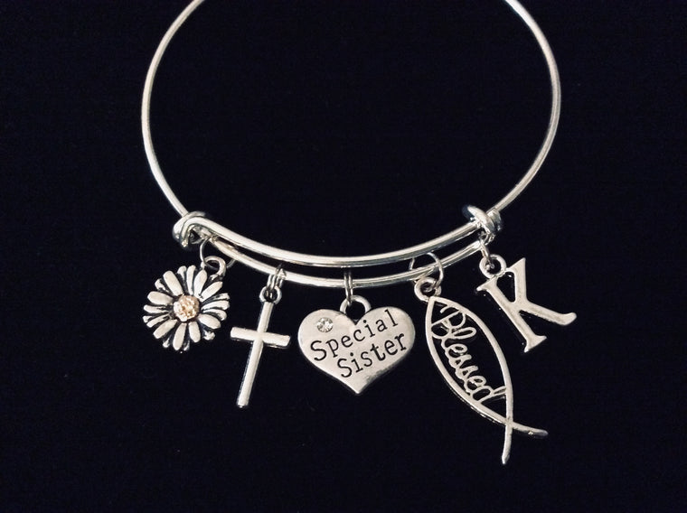 Personalized Blessed Special Sister Jewelry Adjustable Charm Bracelet Silver Expandable Bangle One Size Fits All Gift Cross Two Toned Daisy