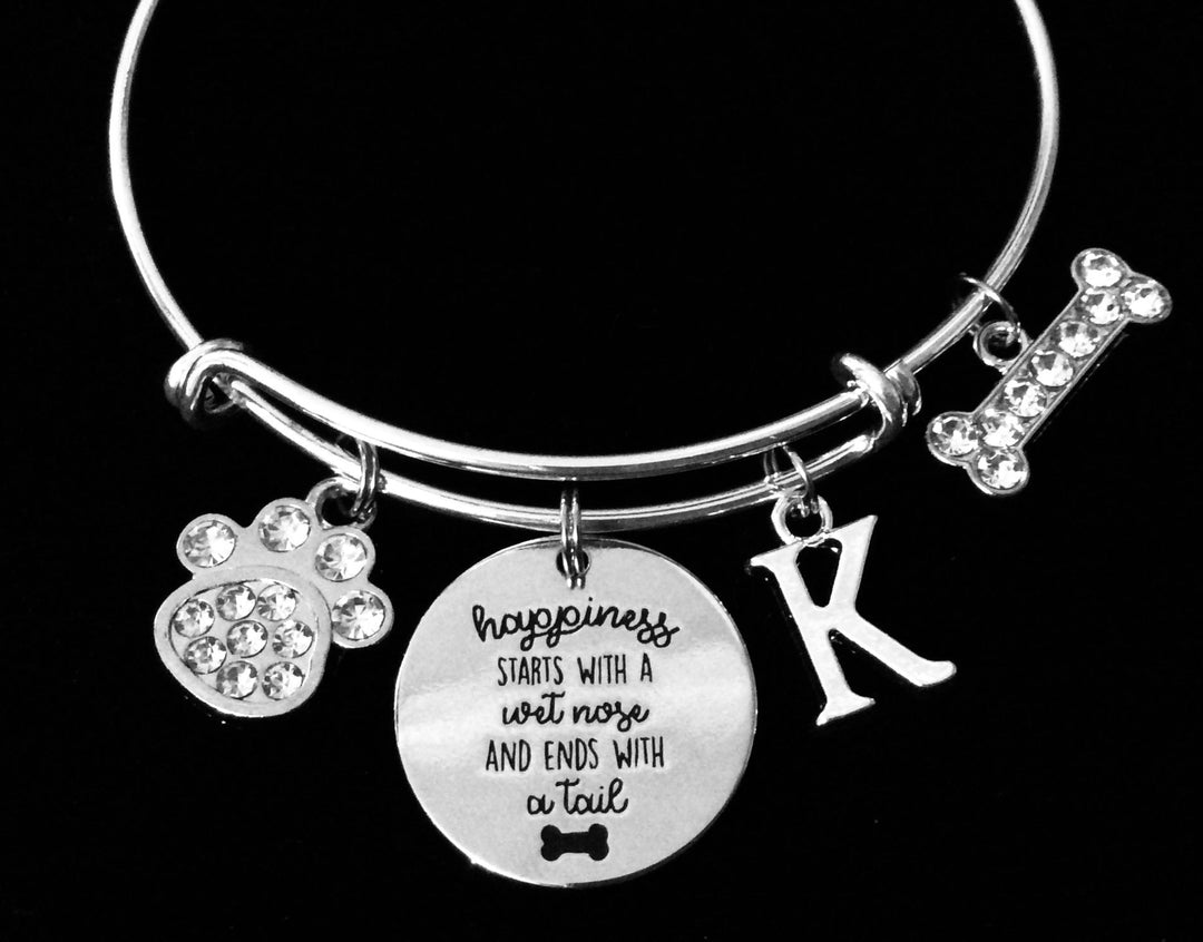 Happiness Starts with a Wet Nose and Ends with a Tail Personalized Dog Lover Expandable Charm Bracelet Paw Print Jewelry Adjustable Silver Bangle One Size Fits All Gift  Crystal Paw Print Crystal Dog Bone