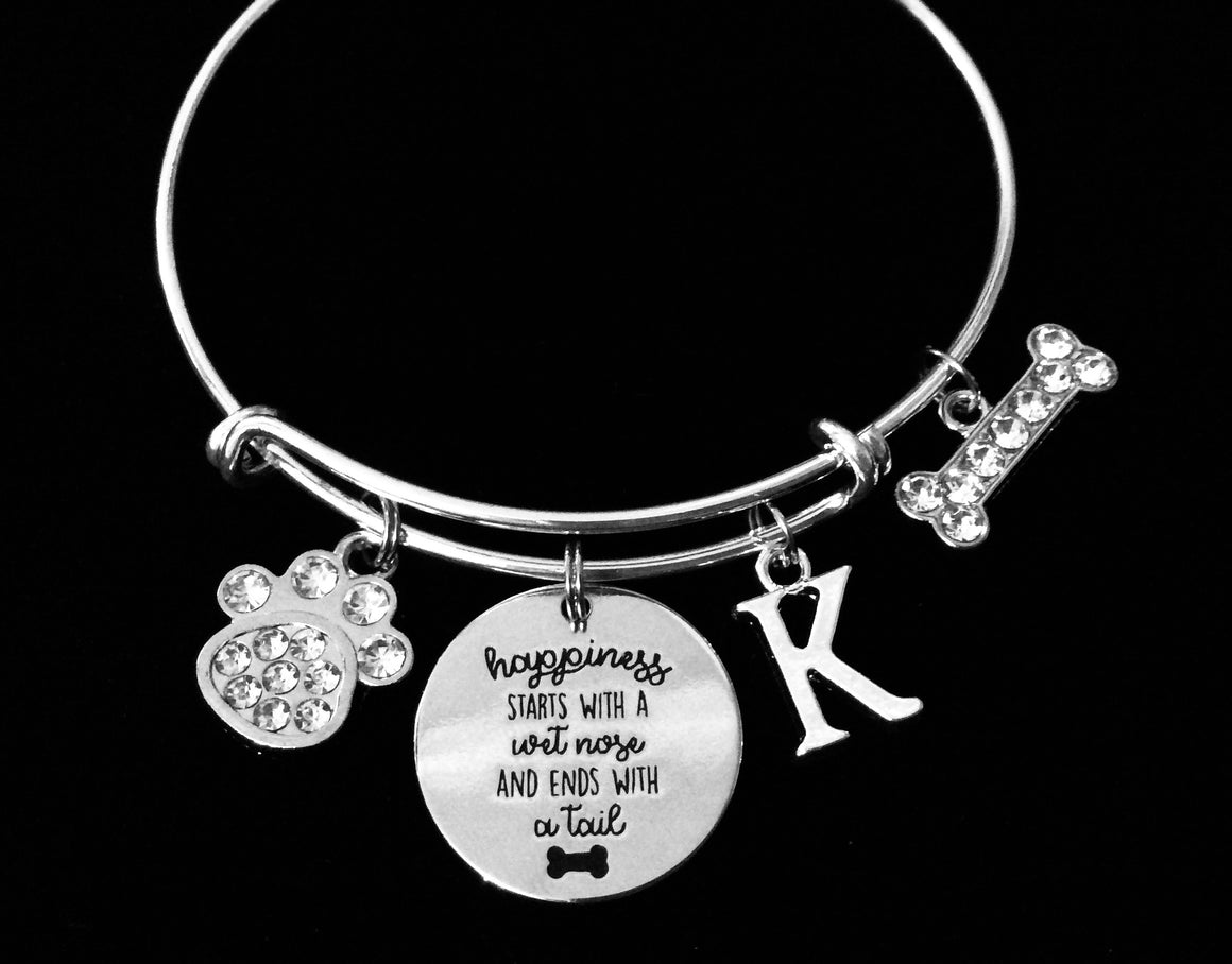 Happiness Starts with a Wet Nose and Ends with a Tail Personalized Dog Lover Expandable Charm Bracelet Paw Print Jewelry Adjustable Silver Bangle One Size Fits All Gift  Crystal Paw Print Crystal Dog Bone