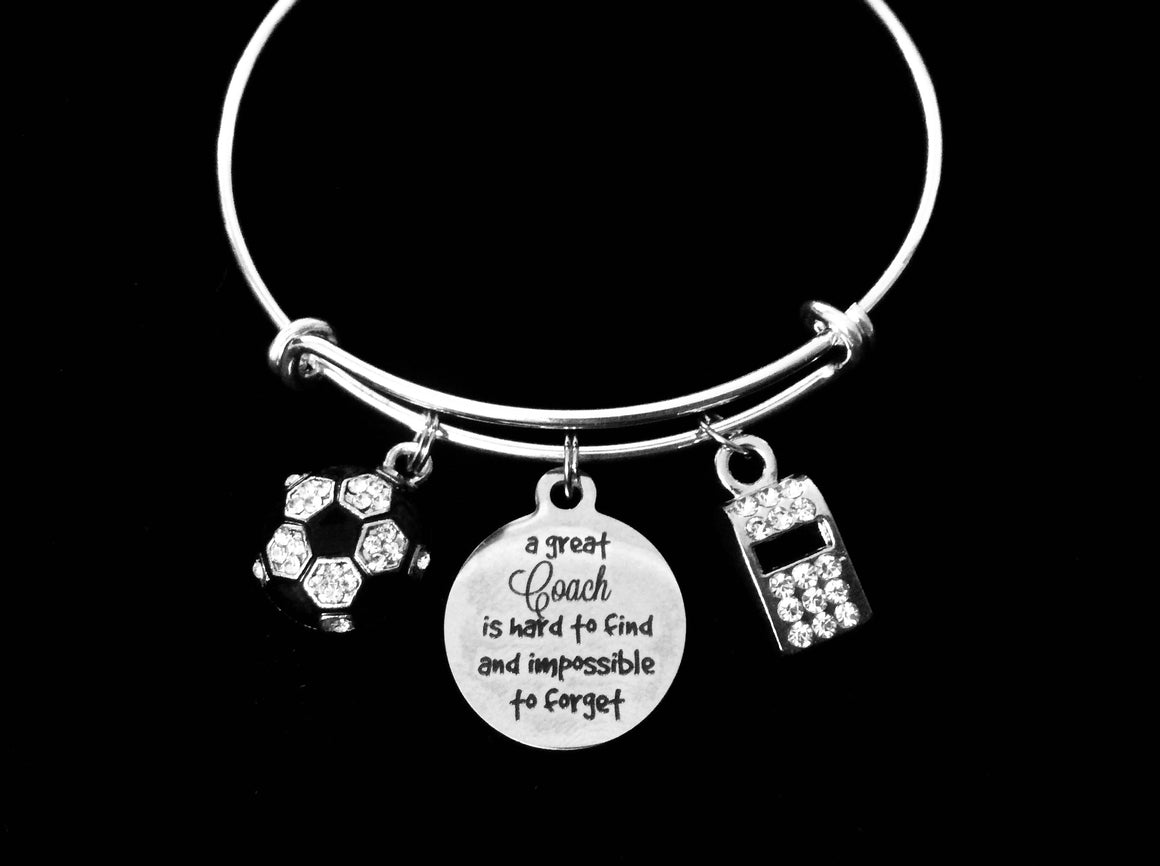 A Great Coach Is Hard to Find and Impossible to Forget Soccer Jewelry Crystal Soccer Ball Adjustable Charm Bracelet Silver Expandable Bangle One Size Fits All Gift Coach Whistle