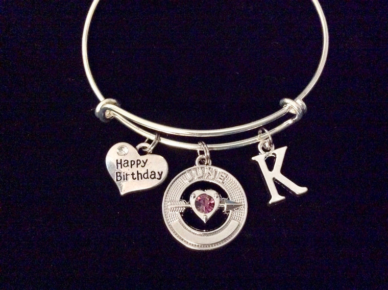 Personalized June Birthstone Jewelry Expandable Charm Bracelet Silver Adjustable Bangle One Size Fits All Gift Initial Charm Included Happy Birthday Charm Bracelet