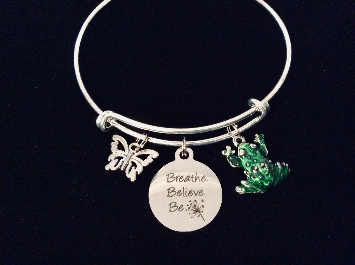 Breathe Believe Be Inspirational Charm Bracelet Expandable Silver Bangle One Sized Fits All Gift Butterfly Green Frog