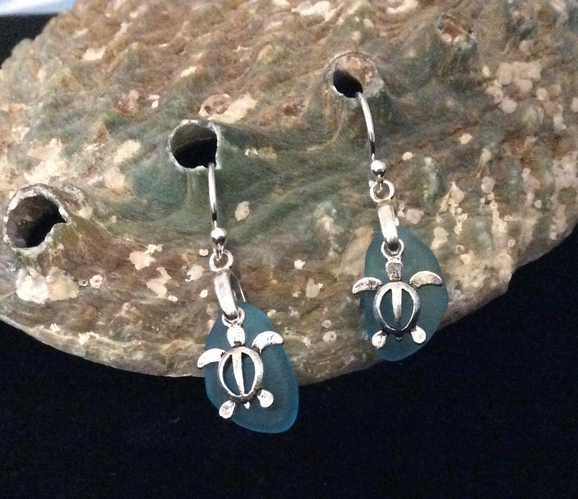 Sea Glass Earrings Turtle Sterling Silver Ear Wire Hook Seaglass Jewelry Nautical Earrings Beach Glass